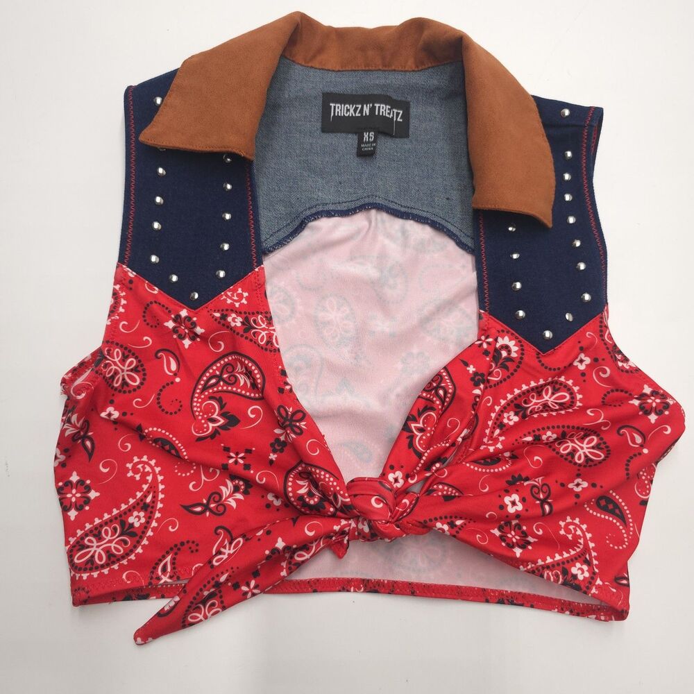 Trickz N' Treatz Cowgirl Western Costume Top Cropped Blouse Tie Front Small